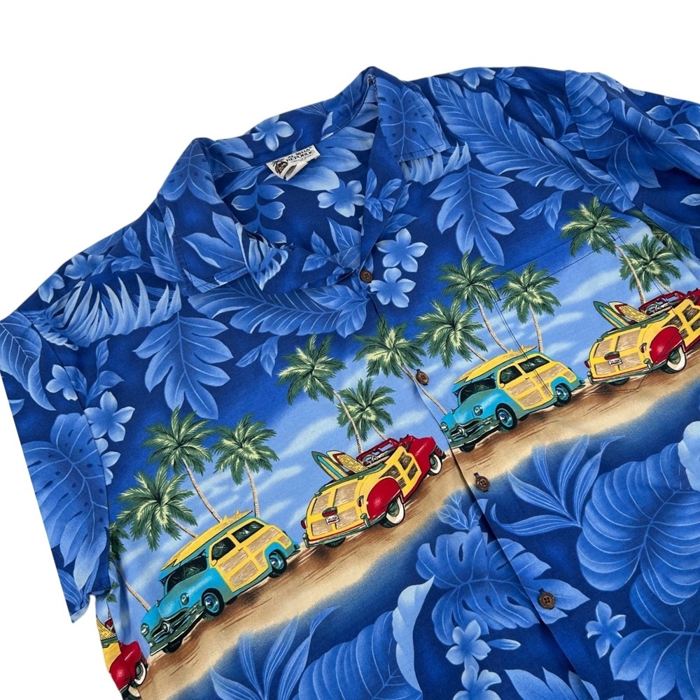 Aloha Republic Hawaiian Shirt XL Blue Woodie Car Surfboard Made in Hawaii Mens